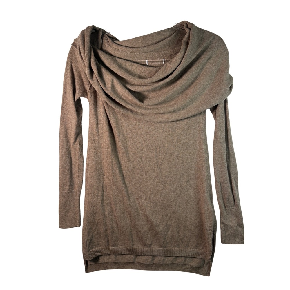 Wool Blend Cowl Neck Tunic Sweater Women Taupe Cozy Minimalist Chic Quiet Luxury